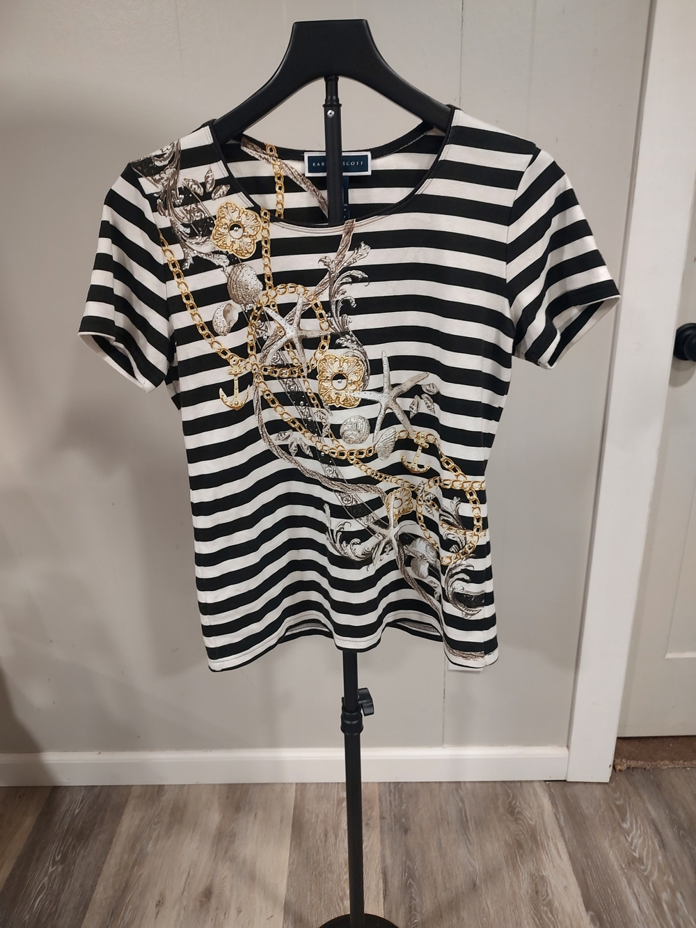 Karen Scott Black & White Striped Short Sleeve Tee with Gold Chain Motif